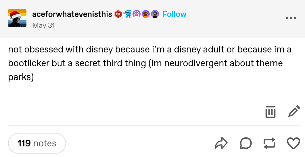 a tumblr post that reads not obsessed with disney because i’m a disney adult or because im a bootlicker but a secret third thing (im neurodivergent about theme parks)